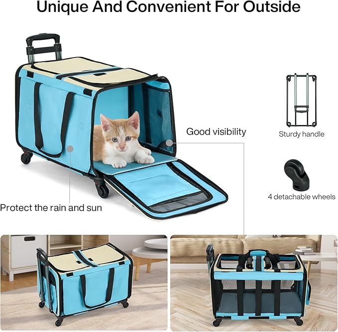 MILADA Large Cat Carrier for 2 Cats, Soft Big Pet Carrier with Wheels, Double Cat Carrier on Wheels, Rolling Pet Carrier for Travel Hiking Shopping and Camping（Not for Air Travel）, Blue