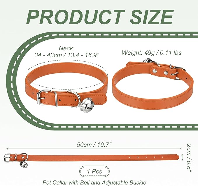 Dog Collar with Bell, Pu Leather Cat Collars Pet Basic Soft Padded Adjustable Buckle, 20" (Orange, 1 Pcs), Intended for Teacup/Little Dog/Kitten Cats/Small Animals