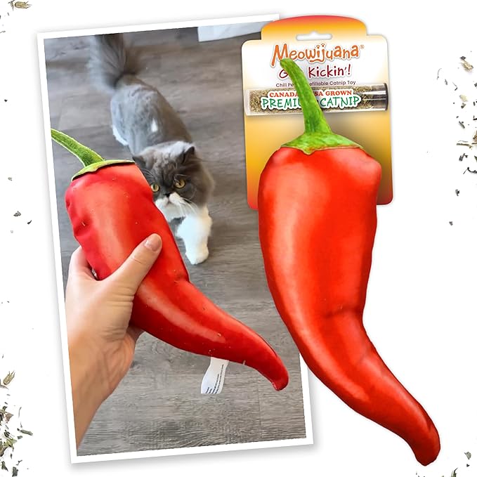 Meowijuana Pepper Bundle | Get Kickin' Refillable Chili Pepper Toy and Kalico Kush Catnip Blend | Promotes Play and Cat Health | Includes North American Organic Catnip