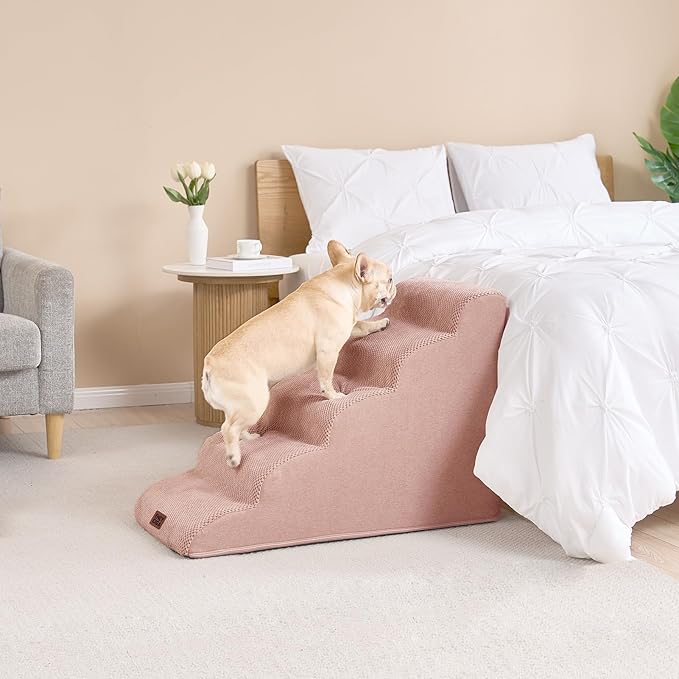 EHEYCIGA Curved Dog Stairs Ramp for High Beds 22.6" H, 5-Step Dog Steps for Small Dogs and Cats, Pet Stairs for High Bed Climbing, Non-Slip Balanced Pet Step Indoor, Dusty Pink