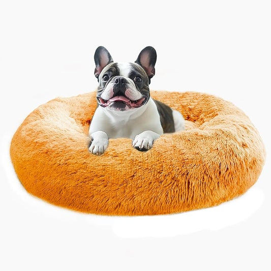 JOLLYVOGUE Small Dog & Cat Beds for Indoor Cats, Donut Cuddler Warming Soft Dog Beds with Anti-Slip Bottom, Round Calming Fluffy Plush Faux Fur Cushion Bed for Medium Dogs (31", Orange)