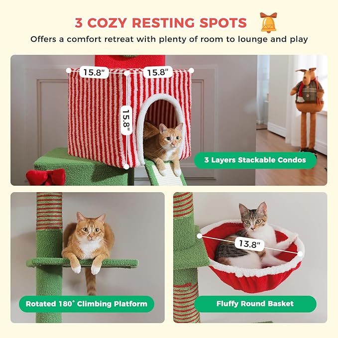 Christmas Cat Tree, Floor to Ceiling Tall Cat Tower (Adjustable Height 83"-108.7") with 3 Spacious Condos, Scratching Posts, Climbing Ladder, Hammock & Detachable Cat Toy for Indoor Cats