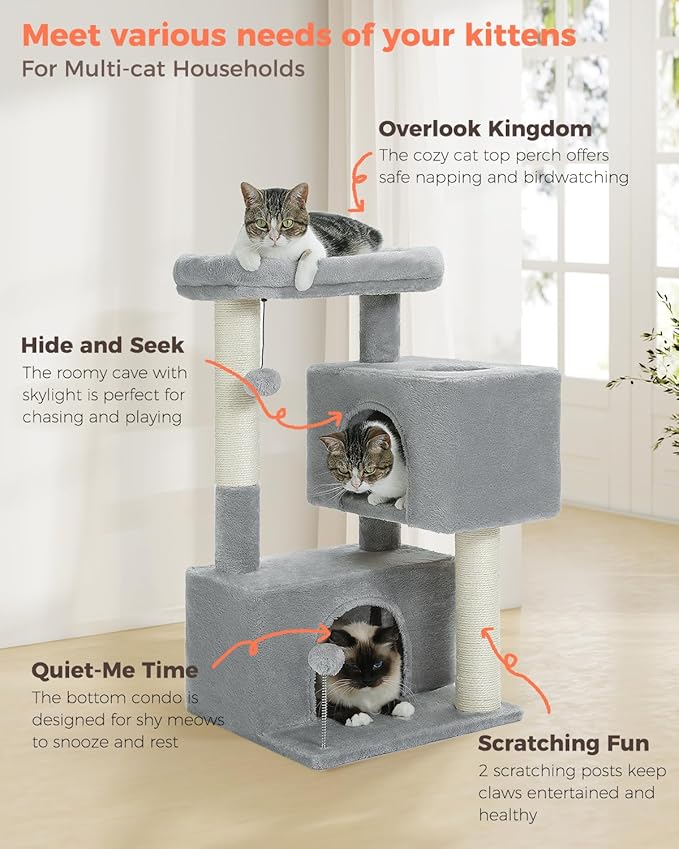 32" Cat Tree Tower for Indoor Cats - 2 Cozy Condos, Multi-Level Cat Scratching Posts with Sisal, Soft Padded Perch, 2 Dangling Toys, Light Grey