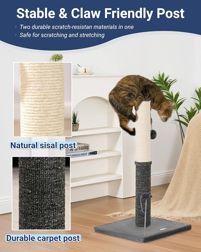 Happi N Pets 29.5" Tall Cat Scratching Post, Cat Scratcher for Indoor Cats, Sisal Scratch Post & Carpet Post in One, Stable Cat Scratch Post with Two Toys, Extra Free Toy, Smokey Gray