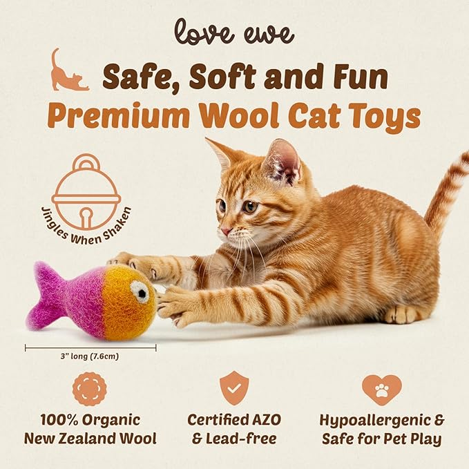 Hustle & Blush Wool Felt Balls 3 Pack Love Ewe Pet Supplies - 2 in Felted Wool Cat Toys 100% New Zealand Wools Felt Cat Toys Handmade Wools Felts Balls, Cats Felts Ball with Bell - Hook, Line & Jingle