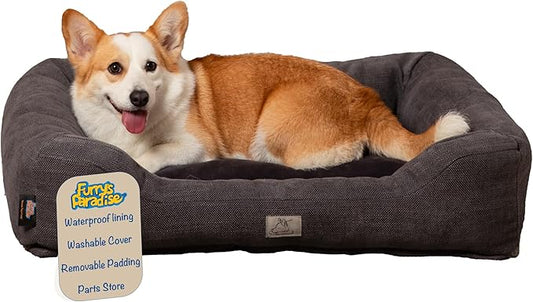 Furry's Paradise Cuddler Waterproof Bolster Pet Bed with Recycled Fibers and Non-Slip Bottom. (Dark Gray, Medium)