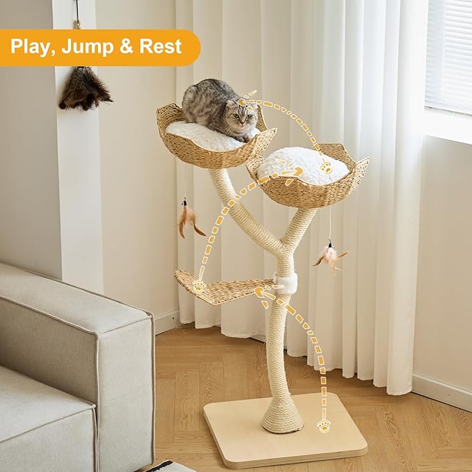 51" Tall Modern Luxury Cat Tree Tower Cat Scratching Post with Handwoven Baskests for Multiple Cats Furniture for Cat Lover Gifts(51" Natural)
