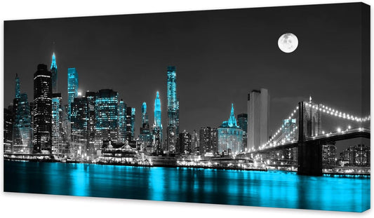 Jiuqinghua Wall Art Decor Canvas Print Picture 1 Panel Black White and Blue New York Brooklyn Bridge Cityscape Night Building Painting for Kitchen Office Home Decor Framed Ready to Hang 20x40inch