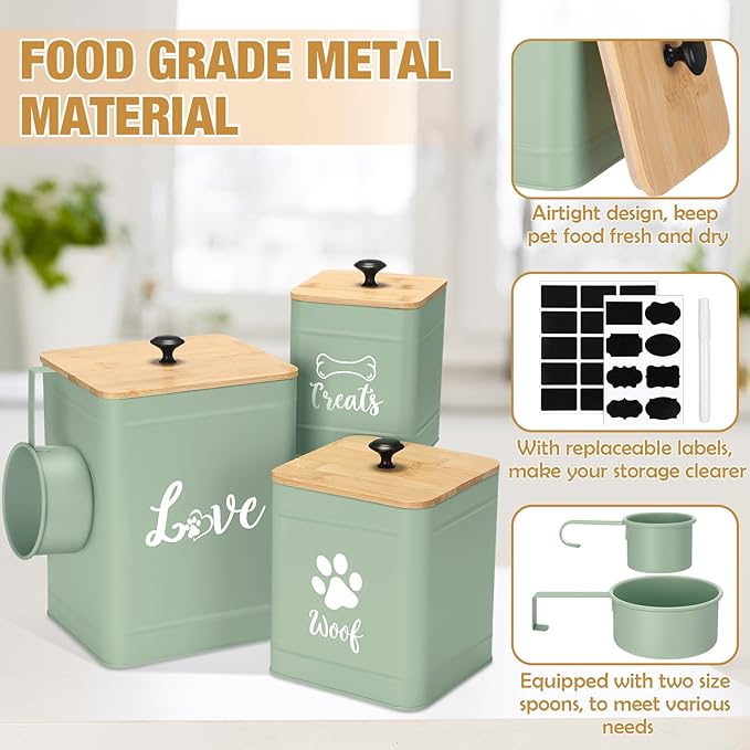 Metal Dog Treat Containers Set of 3 with Bamboo Lids and Spoon Airtight 7+3+2 lbs Dog Food Snack Jars with DIY Labels Big Pet Cookie Storage Jar for Kitchen Counter (Sage Green,Cute)