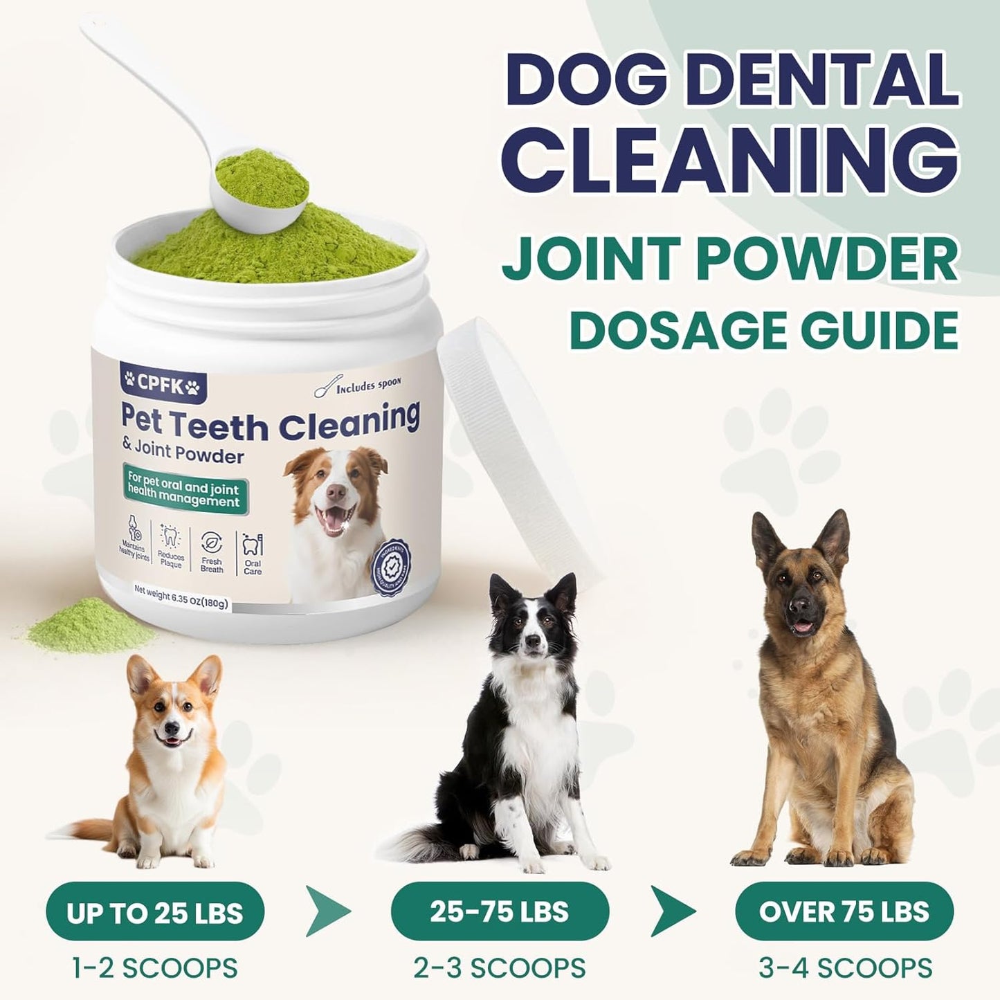 Dental Cleaning Joint Powder for Dogs - 6.35OZ Dog Dental Cleaning Powder with Probiotics to Lighten Bad Breath and Control Plaque Tartar Supports Dog Dental Care and Joint Health