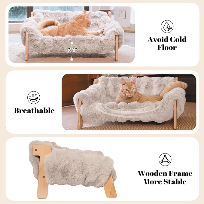 CHEERHOME PETS Elevated Cat Couch Bed for Indoor Cats, Wooden Cat Sofa with Removable Washable Fluffy Cover Raised Kitty Lounge Chair Suitable for Puppy(Cat Sofa,Khaki-Light Gray)