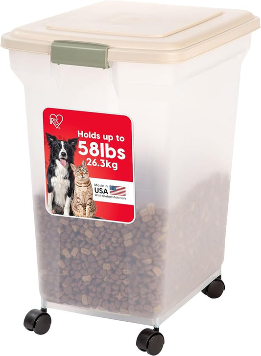 IRIS USA 58 Lbs / 67 Qt WeatherPro Airtight Pet Food Storage Container with Attachable Casters, For Dog Cat Bird and Other Pet Food Storage Bin, Keep Fresh, Translucent Body, Almond/Clear