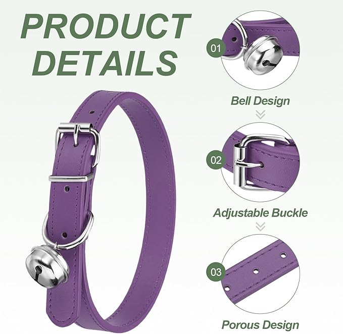 Dog Collar with Bell, Pu Leather Cat Collars Pet Basic Soft Padded Adjustable Buckle, 20" (Purple, 1 Pcs), Intended for Teacup/Little Dog/Kitten Cats/Small Animals