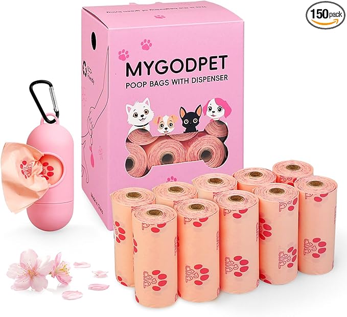 Dog Poop Bags Rolls with Dispenser 150 Count Biodegradable Poop Bags for Dog and Cat Cherry Blossom Scented Waste Bag Leak Proof Doggie Poop Bag Doggy Trash Bag Pink