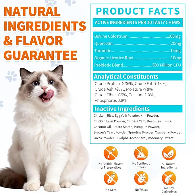 Cat Allergy Relief Treats, 500 Crunchy & Creamy Chews, Allergy Relief for Cats with Colostrum, Probiotics - Itchy Skin & Paw Licking, Immune Support, Seasonal Allergies - Chicken and Krill Flavor