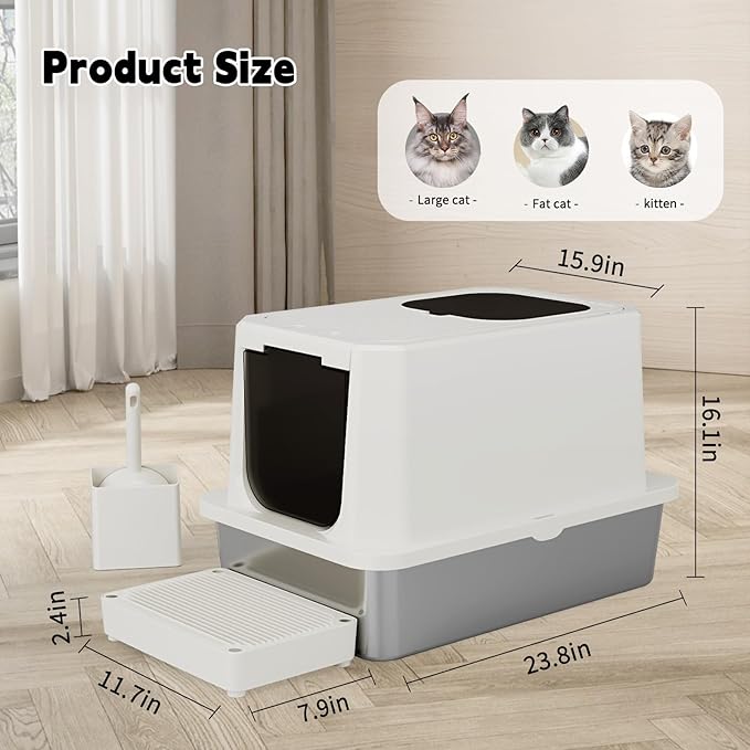 RIZZARI Stainless Steel Cat Box: Leak-Proof Large Enclosed Litter Pan Indoor Odorless Tray for Multiple Cats - Beige - for Cats Under 20 lbs - Ideal for Laundry Room Balcony