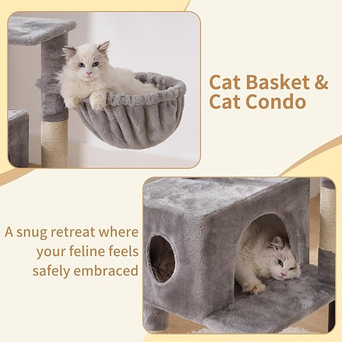Heybly Cat Tree, 49.2 Inches Cat Tower for Indoor Cats, Spacious Cat House Condo with Hidden Space，Sturdy Steel Tube，Soft Plush Top Perch，Cozy Hammock and Sisal Scratching Posts, Light Gray HCT200SW
