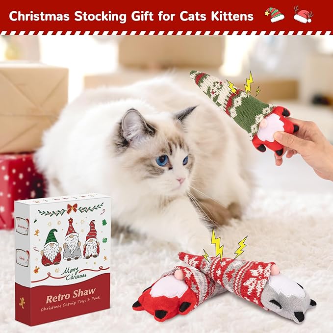 Retro Shaw Christmas Cat Toys, Xmas Catnip Toys for Indoor Kitten Kitty, Safe Kitten Teeth Cleaning Toy, Interactive Cat Chew Kitty Kicker Toy Santa Claus