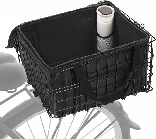 Aodaer Bike Basket with Removable Liner Bag Cargo Net Large Folding Bike Basket Quick Release Metal Ebike Basket Bicycle Storage Basket for Carrying Fruit & Grocery Pets Dogs