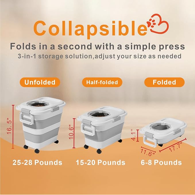Airtight Collapsible Dog Food Storage Container with Wheels & Scoop, 6-28 Lbs Pet Food Bin for Dog & Cat Food – Portable, Keeps Food Fresh, Also a Multi-Purpose Storage Box for Pet Toys
