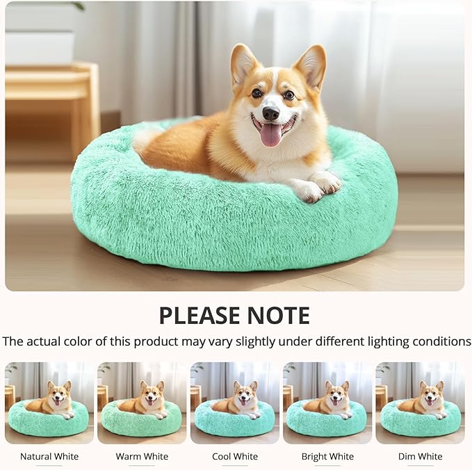 JOLLYVOGUE Small Dog & Cat Beds for Indoor Cats, Donut Cuddler Warming Soft Dog Beds with Anti-Slip Bottom, Round Calming Fluffy Plush Faux Fur Cushion Bed for Small Dogs (23", Mint Green)