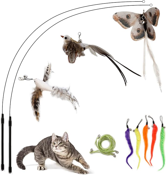 Update 2023 10 PCS Cat Feather Wand Toys With Bird & Butterfly for Indoor Cats and Kittens