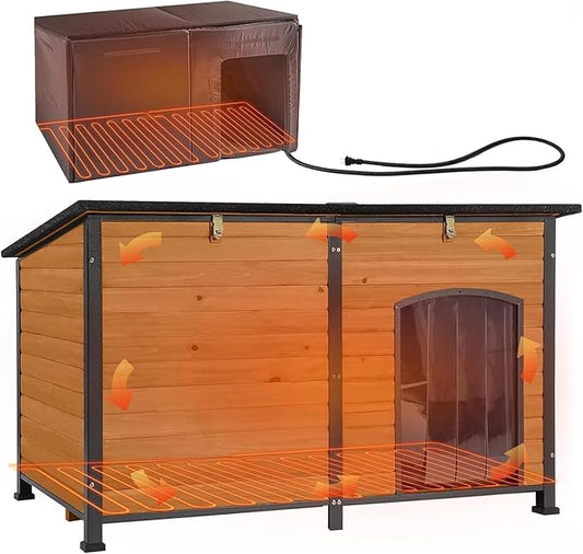Aivituvin Extra Large Dog House Outdoor Heated Dog Kennel with Insulation Liner for Winter Strong Iron Frame Insulated Dog Cage with Heater,59"