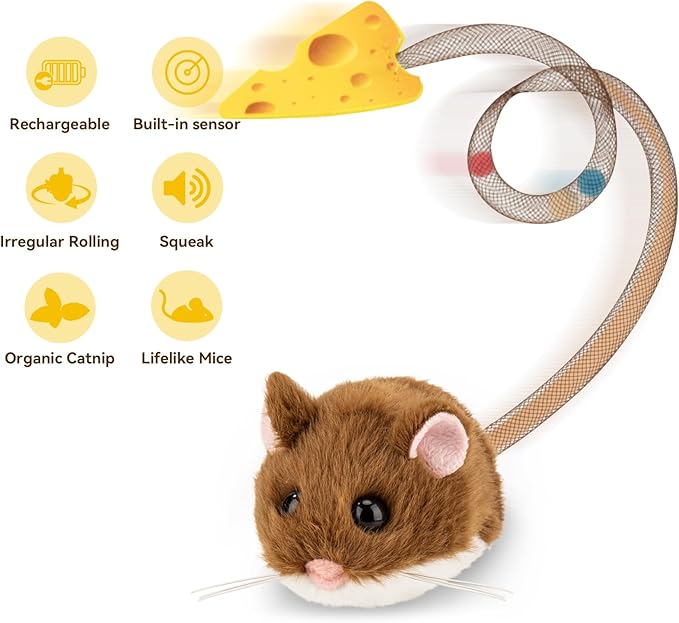 Migipaws Interactive MigiMouse Cat Toy 360° Rolling & Spin with Wiggling Tail for Indoor Cats Smart Motion Sensor, Realistic Squeak, Rechargeable Plush Kitten Toy (Brown)
