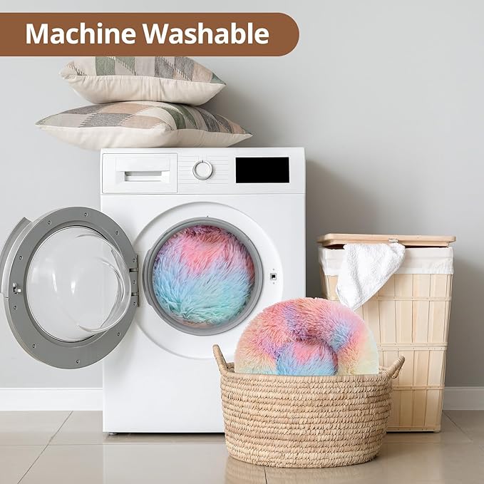 JOLLYVOGUE Small Dog & Cat Beds for Indoor Cats, Donut Cuddler Warming Soft Dog Beds with Anti-Slip Bottom, Round Calming Fluffy Plush Faux Fur Cushion Bed for Large Dogs (36", Rainbow)