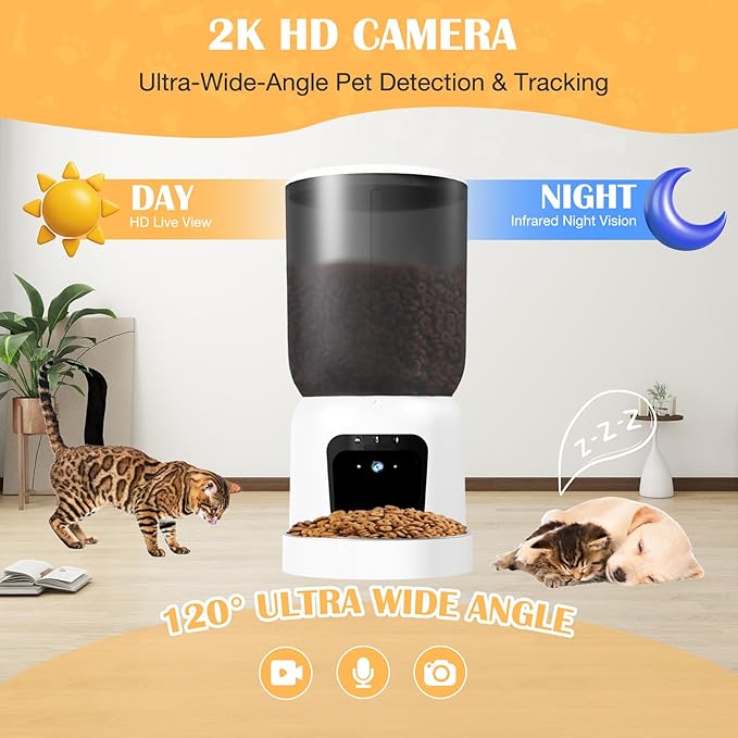 Automatic Cat Feeder with 2K HD Camera, 2.4/5G WiFi 6L Pet Feeder Automatic for Cats & Dogs, Dog Automatic Feeder APP Control, Programmable Cat Food Dispenser with Night Vision,Two-Way Audio (White)