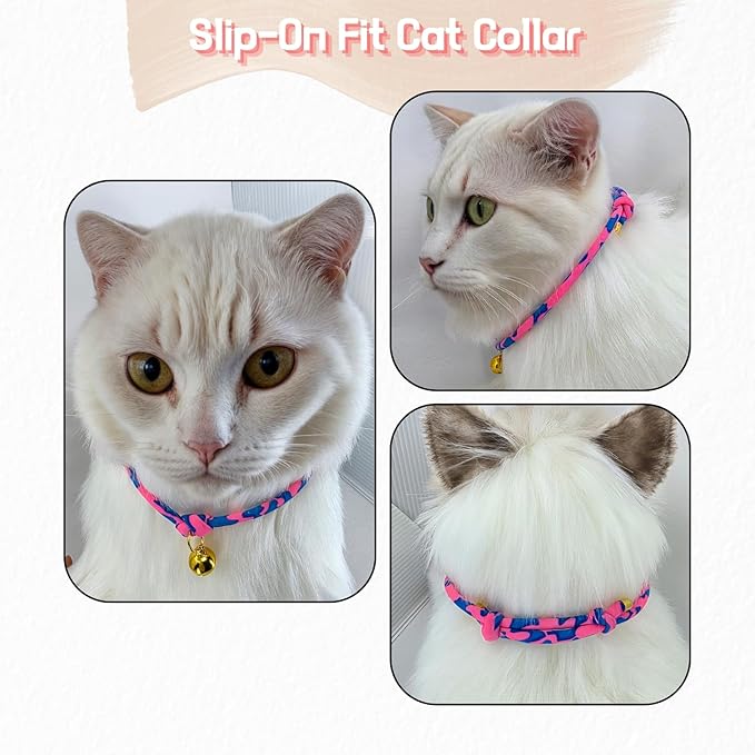 Handmade Cotton Hot Pink Cat Collar with Bell – Adjustable Slip-On Design, No Buckle, Lightweight Rope Collar for Kittens, Indoor Cats, and Small Pets (Pop)