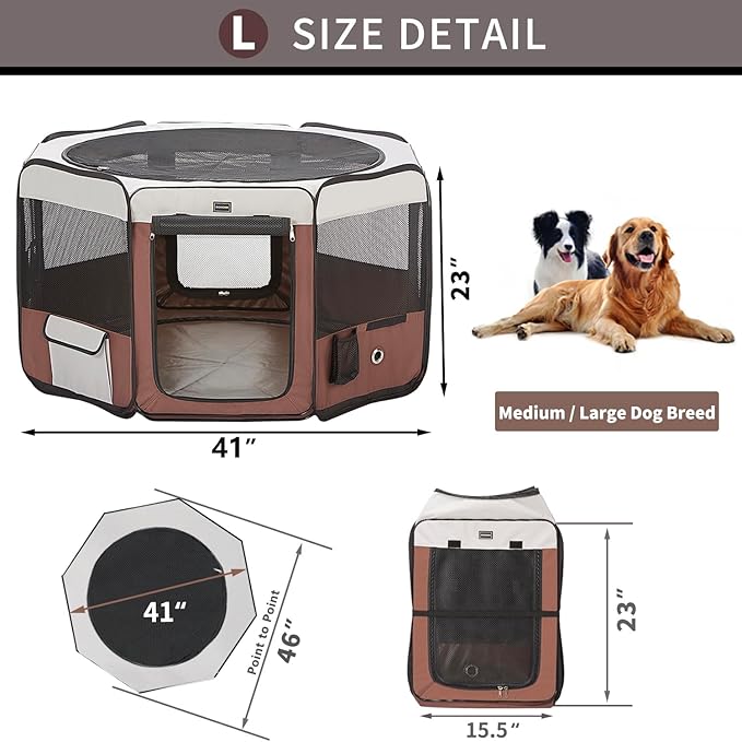 DONORO Dog Playpen 46" Portable Pet Play Pens for Small Medium Dogs, Foldable Exercise Kennel Tent Crate Indoor/Outdoor Travel Camping, Removable Top/Bottom (Brown, Large (46"x46"x23"), 8)