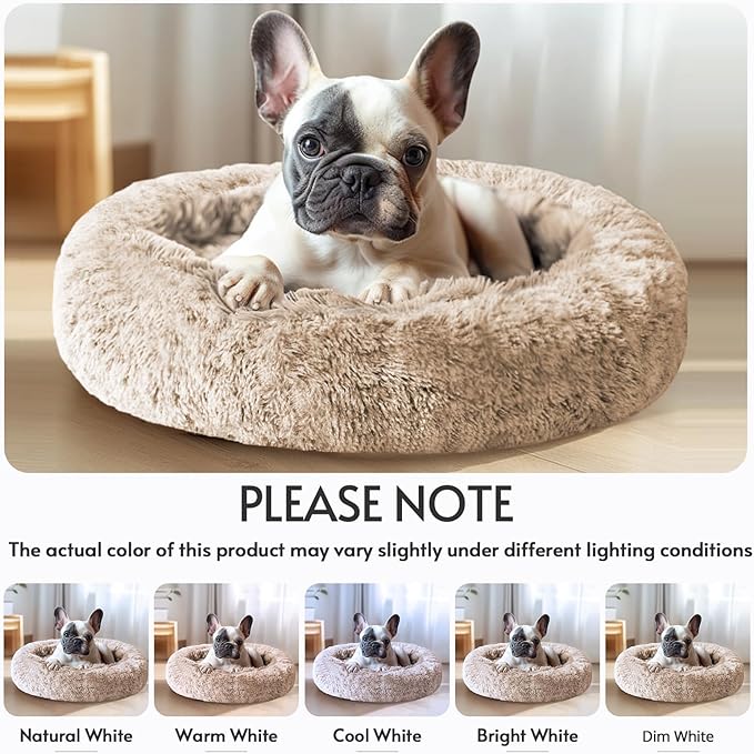 JOLLYVOGUE Small Dog & Cat Beds for Indoor Cats, Donut Cuddler Warming Soft Dog Beds with Anti-Slip Bottom, Round Calming Fluffy Plush Faux Fur Cushion Bed for Small Dogs (20")