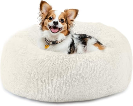 20'' inch Calming Dog Bed, Anti-Anxiety Donut Small Dog Bed, Warming Cozy Soft Cute Round Washable, Marshmallow Cuddler Nest Puppy Dogs and Cats Bed, White