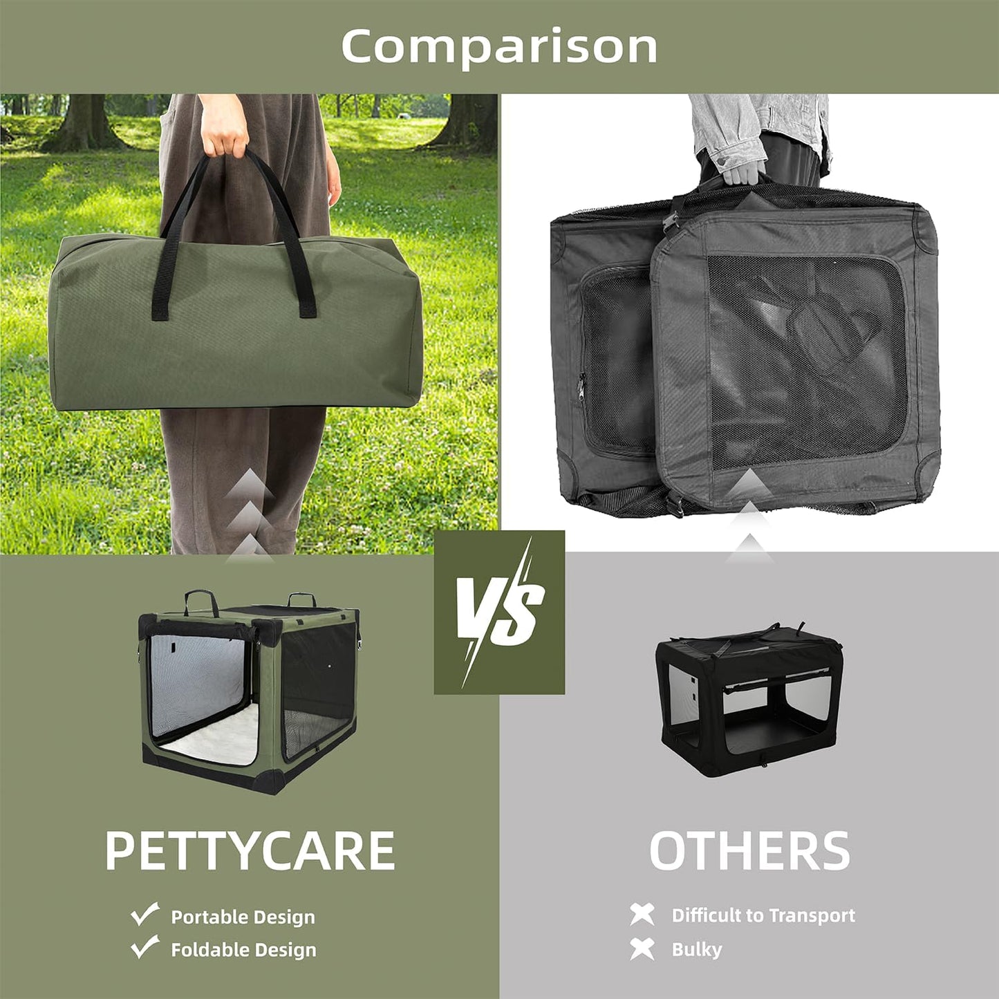 Pettycare Portable Travel Dog Crate 4-Door Soft Sided 30 Inch Collapsible Dog Crate with Curtains Durable Mesh Foldable Pet Kennel Soft Crates for Medium Dogs Indoor & Outdoor Olive Green