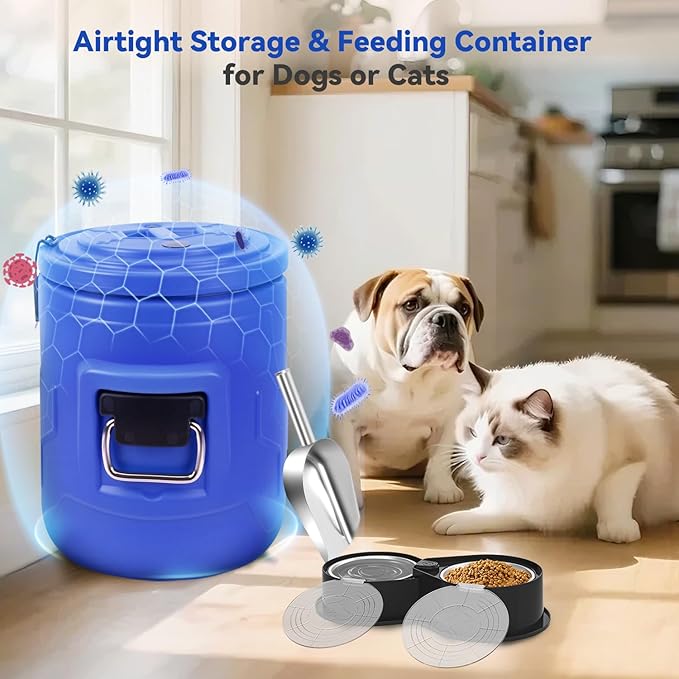 20lb Dog Food Storage Container, Stainless Steel Airtight Pet Food Storage Container and Durable Plastic Food Container, Large Metal Cat Food Container with Lid and Scoop to Keep Fresh