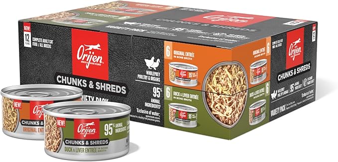 ORIJEN Chunks & Shreds Wet Cat Food Variety Pack: Original + Duck & Liver Recipes 3oz Cans (12 Count, 6 of Each)