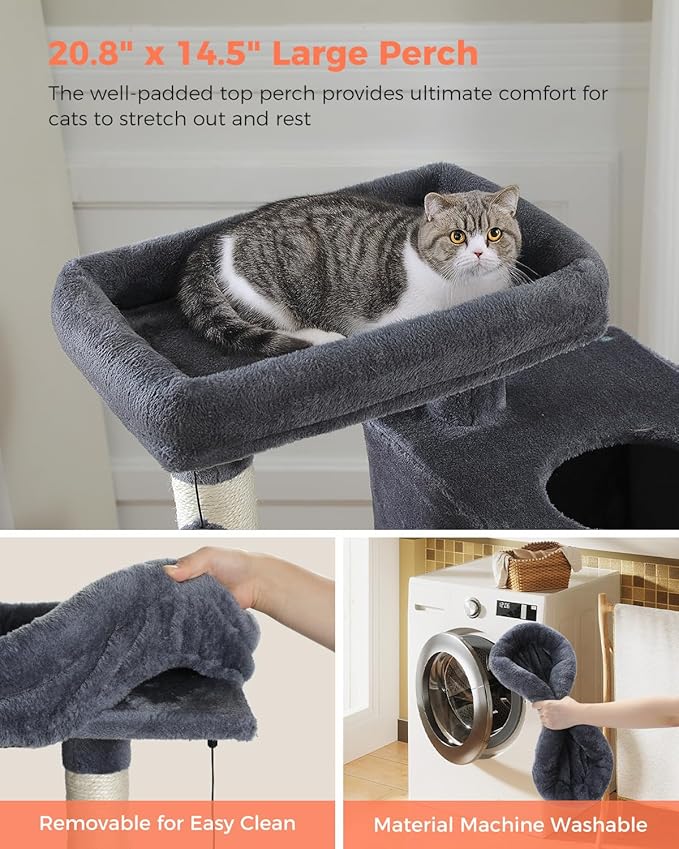 XL Cat Tower 44" Cat Tree for Large Cats 20 lbs+, 2 Spacious Condos with 3.4" Thickened Scratching Post, Large Top Perch, 2 Interactive Toys, Dark Grey