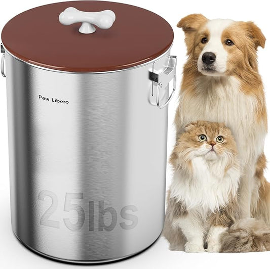 25 Lbs Stainless Steel Dog Food Storage Container with Airtight Lid & Ceramic Bone Handle, Large Metal Dog Food Bin for Dogs & Cats, Keep Fresh, Easy to Clean