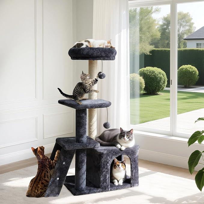 38.4'' Cat Tree Tower with Climbing Ladder, Cats Tree Scratching Post and Ball, Plush Condo, Modern Multi-Level Furniture Climber for Indoor Cats Large Adult, Dark Gray