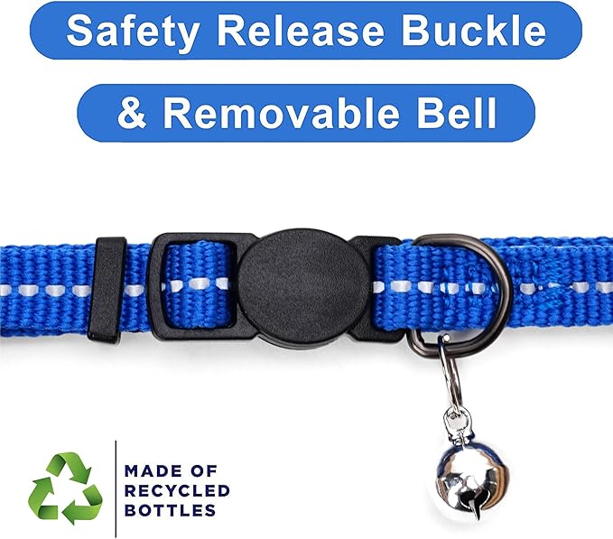 Pawtitas Recycled Blue Reflective Cat Collar – Eco-Friendly Breakaway Safety Buckle, Adjustable Kitten & Adult Collar with Removable Bell and High-Visibility Strap