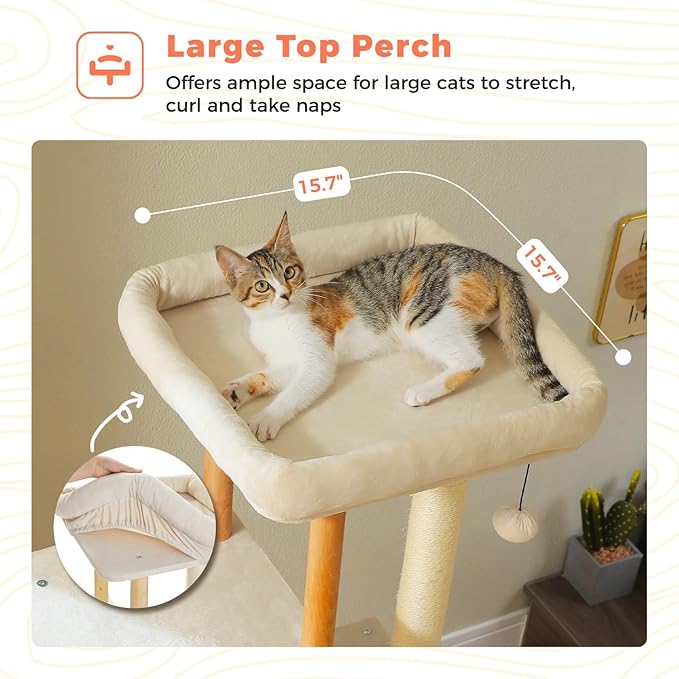 53" Modern Cat Tree for Large Cats, Wooden Cat Tower with Fully Sisal Covered Scratching Posts and Solid Wood Posts, Cat Furniture with Spacious Perch and Cozy Condo Beige