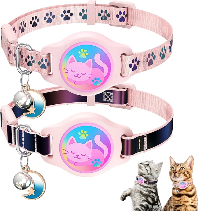 Cat Collar with Airtag Holder, 2 Pack Waterproof Breakaway Kitten Collar for Apple AirTag GPS Tracker, Adjustable Cat Collar with Buckle, Bell & Reflective Pattern for Cats, Kittens, Pink (8-11")