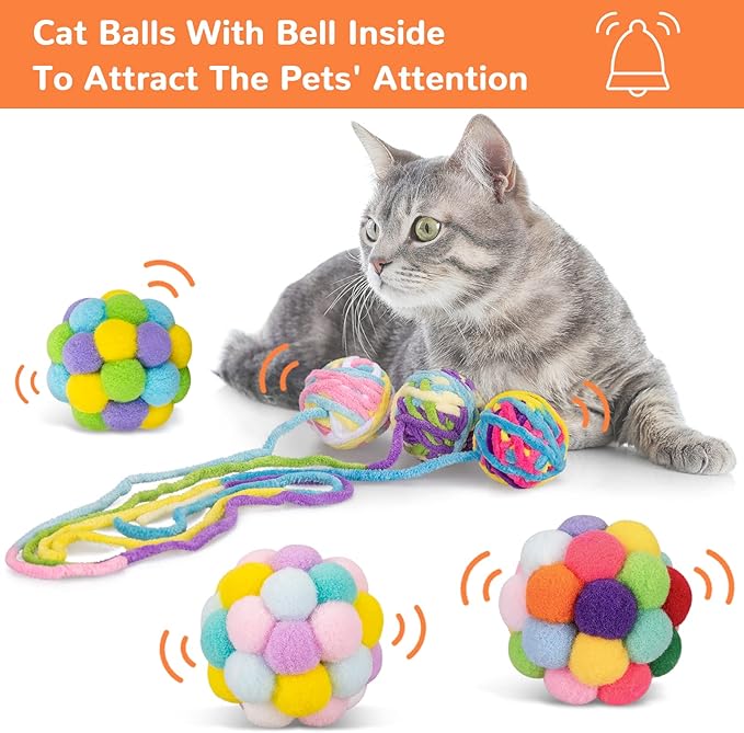 Retro Shaw 6Pcs Cat Toys Balls, Wool Yarn Cat Ball with Bell Inside, Interactive Kitten Toys for Indoor Cats Kitty Chew Kick, Colorful Soft Fuzzy Pet Toy Ball with String