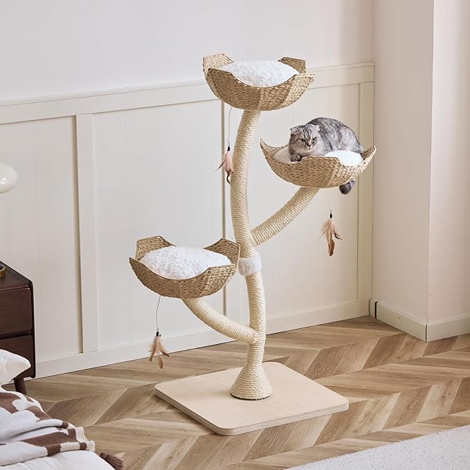 52” Tall Modern Cat Tree Tower for Large Cats| Cat Scratching Posts with Hand Woven Baskets and Mats| Luxury Cat Condo for Multiple Cats | Cat Furniture for Gifts （52” Natural）
