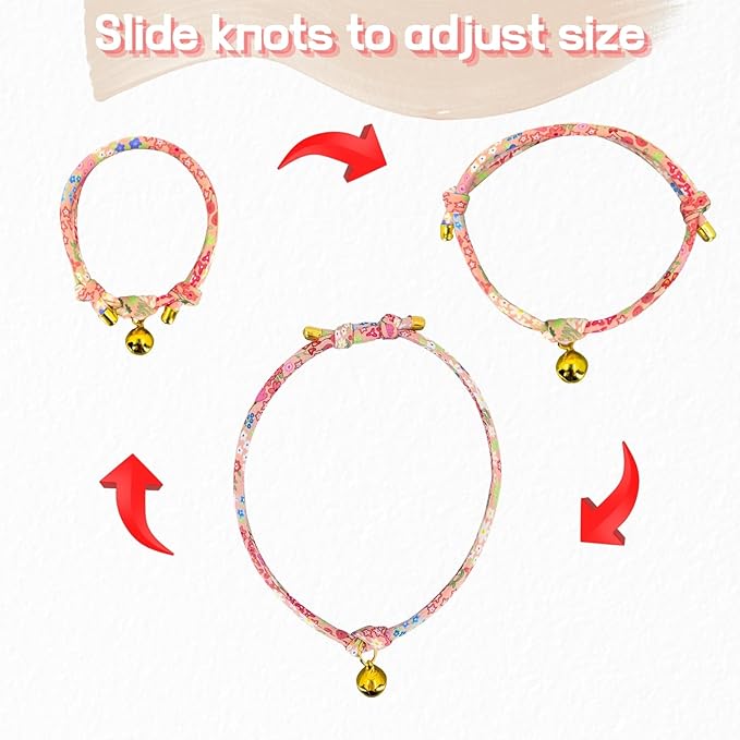 Handmade Cotton Cat Collar with Bell – Adjustable Slip-On Design, No Buckle, Lightweight Rope Collar for Kittens, Indoor Cats, and Small Pets (Blossom)