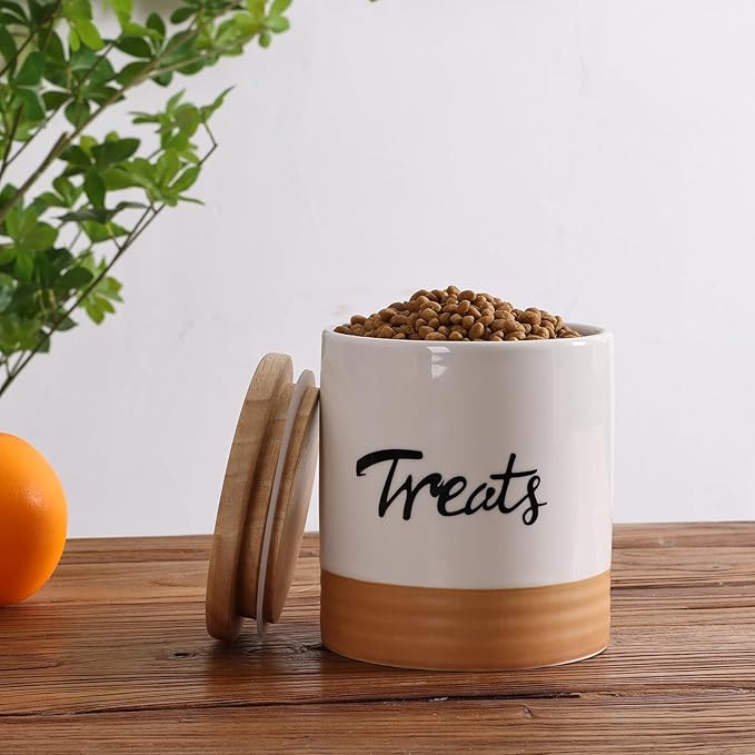 LEETOYI Cat Treat Container with Lid, Ceramic Dog Treat Jars Modern, Farmhouse Kitchen Decor, Cat Treat Storage Caddy Organizer, 4.5 Inch 31oz White