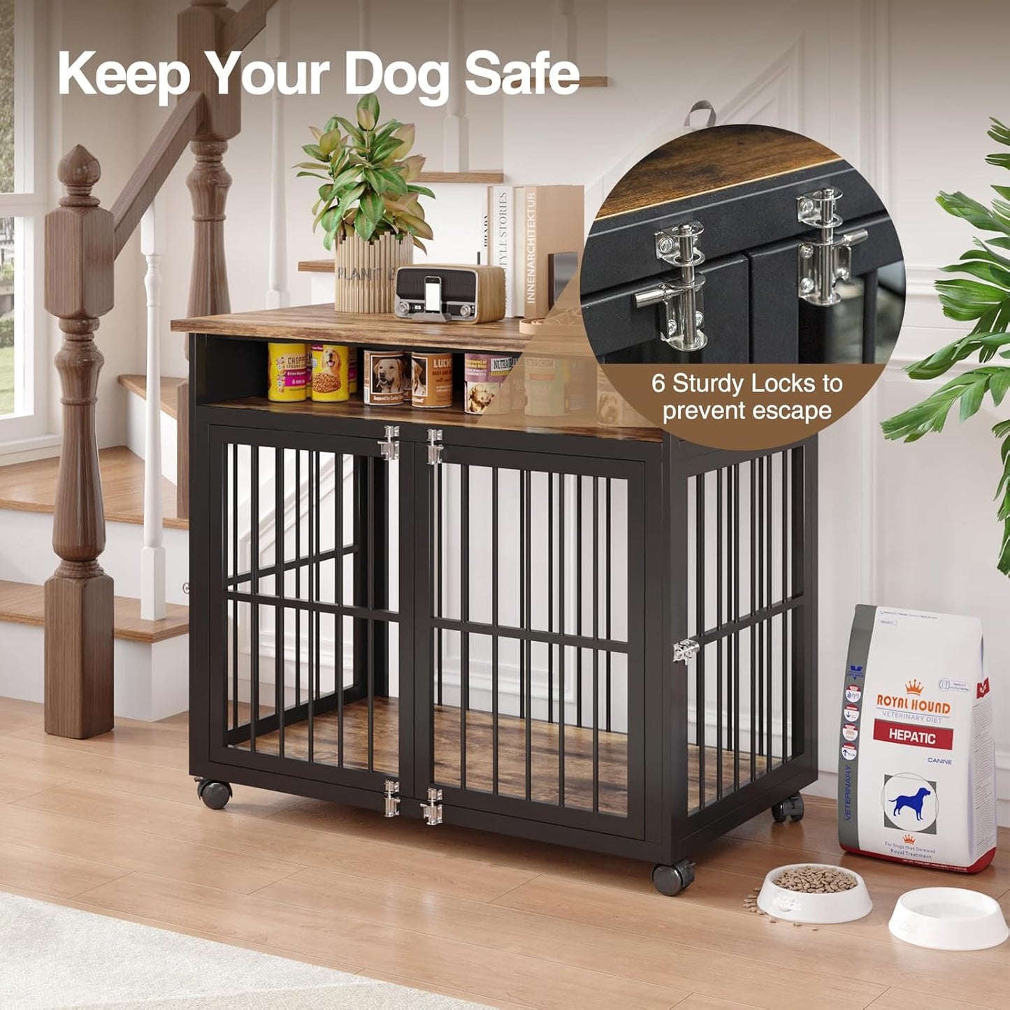 39.4" Dog Crate Furniture for Medium and Large Breed, Dog Kennel Furniture with Storage Shelf & Lockable Wheels, Heavy Duty Wooden End Side Table Pet Cage Indoor, Chew-Resistant, Brown