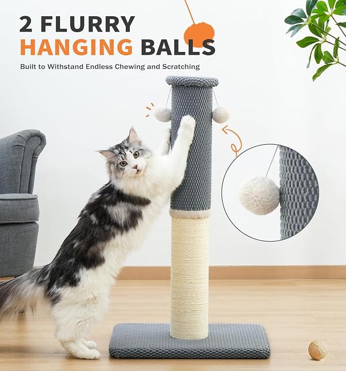 Made4Pets Tall Cat Scratching Post, Heavy Duty and Thicker Scratching Posts for Indoor Cats Adults, 23.6" Natural Sisal Cat Scratcher with Hanging Balls, Sturdy Base Cat Scratch Post, Light Grey