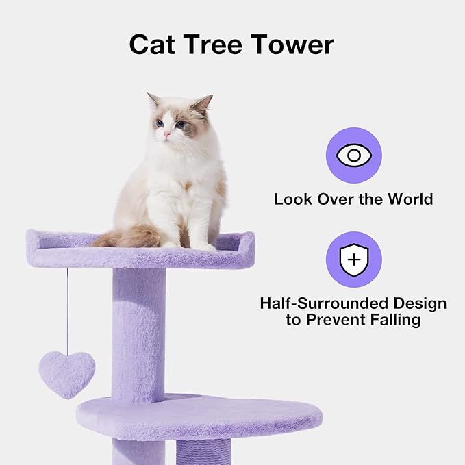 VETRESKA 40 inches Cat Tree for Indoor Cats, Multi Level Cat Tower with Cat Scratching Post, Cute Cat Climbing Tree with Dangling Toy for Cats, Purple